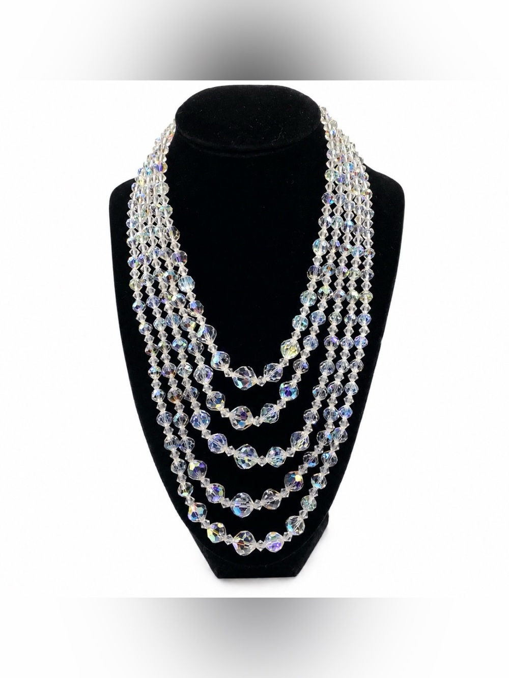 Aurora Borealis AB Five Strand Faceted Crystal Glass Choker Necklace Vintage